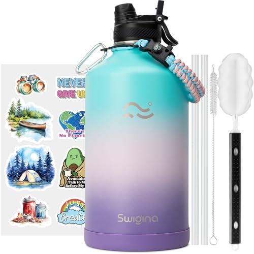 Image of Swigina [2-IN-1 LID] Gallon Insulated Water Bottle with Silicone Boot (48hrs Cold /24hrs Hot) - DIY Stickers, Leakproof, BPA Free, 128 oz