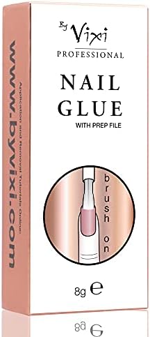 8g By Vixi EXTRA STRONG NAIL GLUE with BRUSH and FREE PREP FILE Clear Instant Dry Adhesive, Professional Salon Quality