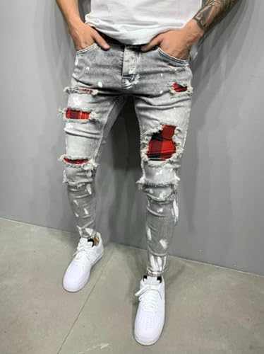 Jeans Pants Trouser Denim Punch Print Stretch Tight Street Trendy Small Leg for Men3