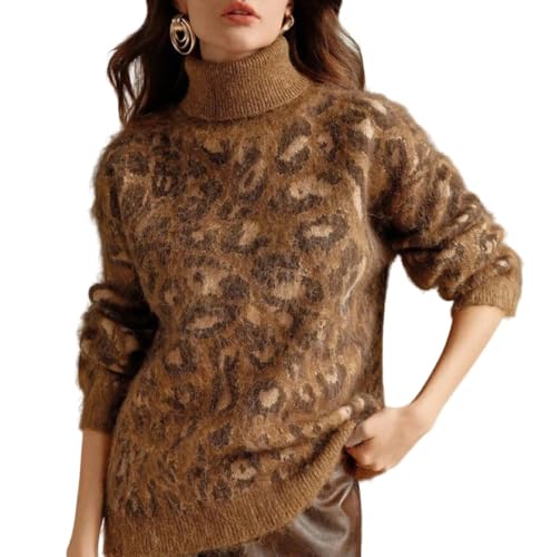 CHARTOU Women Fuzzy Leopard Knit Pullover Sweater Fall Winter Oversized Turtleneck Long Sleeve Jumper Tops