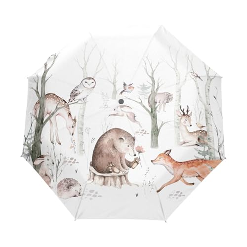 YYZZH Woodland Animal Bear Fox Deer Owl Hedgehog Bird Bunny Forest Tree Auto Open Close Foldable Windproof Travel Umbrella