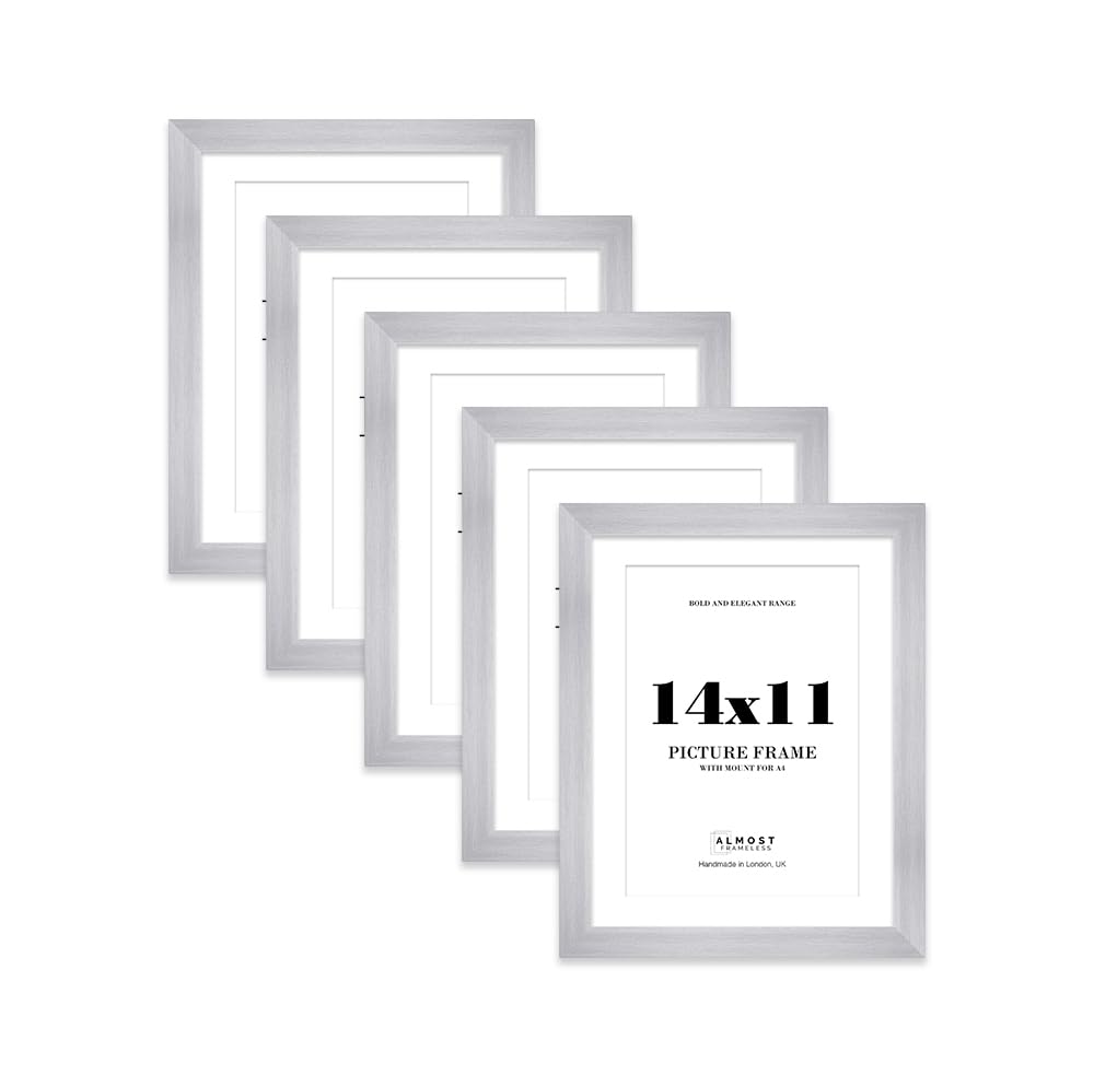 14x11" Silver Frame With Mount for A4 Pictures 28mm Edge Portrait and Landscape Display with Wall Hooks and Kickstand, 5 Pack