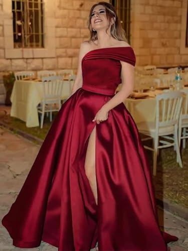 Everlong One Shoulder Prom Dress Long Bridesmaid Dresses with Pockets Ruched Satin Evening Formal Gowns with Slit EL0134