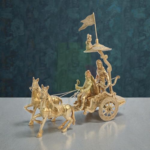 Image of Arjuna Rath Geeta Mahabharat Chariot with Krishna Ji & Hanuman Ji Brass Statue |18CM Approx | Vastu Remedy |Vastu Pital Showpiece |Decorative Arjuna Rath with Two Horses