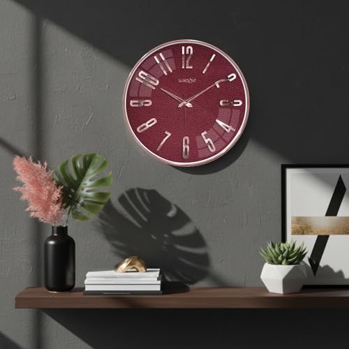 Image of RANDOM Sweep Silent Wall Clock, Non-Ticking Quartz Movement with 3D Foiling Numbers. (Burgundy)
