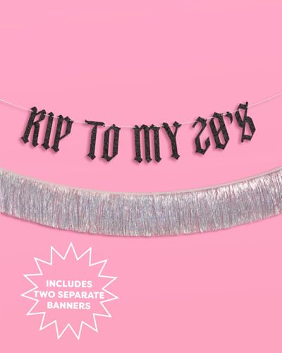 Image of xo, Fetti RIP to My 20s Fringe Banners - 1 Black Glitter & 1 Iridescent Fringe, 5.5 Ft. | Birthday Decorations, Bday Party Sign, 30th Photoshoot Backdrop, Dirty Thirty Funeral Decor