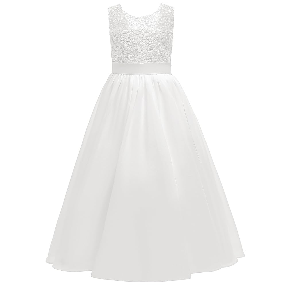 Elegante abito da ragazza di fiori, pizzo e tulle, lunghezza a terra, linea ad A, abiti da festa
