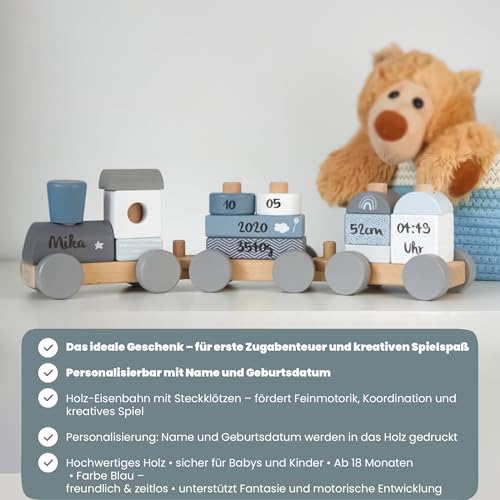 Personalisierte Holzeisenbahn blau - Personalisierte Geschenke Baby I Steckspielzeug I Geschenk zur Geburt Junge I Holzzug mit Name & Geburtsdaten - Label Label