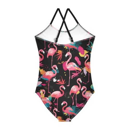 KLL Pink Flamingos on Black Background Toddler Girl One Piece Swim Suit Beach Swimwear with Adjustable Straps UPF 50+2