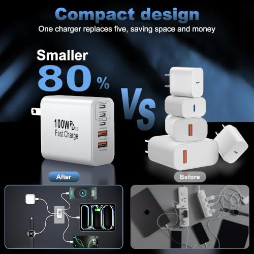Image of 100W USB C Charger Block,5-Port Super Fast Charging for iPhone Laptop iPad | GaN charge supports simultaneous multi-device charging,compact design for travel and desktop,reduces clutter and saves space