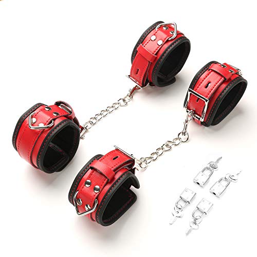 EXREIZST Adjustable Leather Cuffs for Ankle-Hand-Wrist with Soft Pad Red