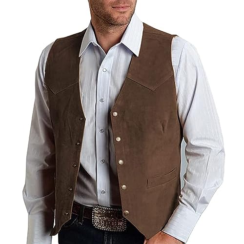 Mens V Neck Suit Vest Retro 5 Button Suede Leather Regular Fit Casual Waistcoat for Prom,Husband Gift,Daily Wear - Main Image