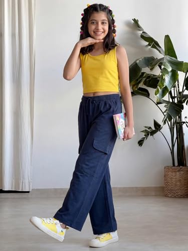 Image of Li'l Tomatoes Girls Cotton Track Pants | Soft & Comfortable Casual Summer Lower for Girls | Elastic Waist with Drawstring Everyday Wear | Side Stripe Straight Fit Trackpant | 9-16 Years |