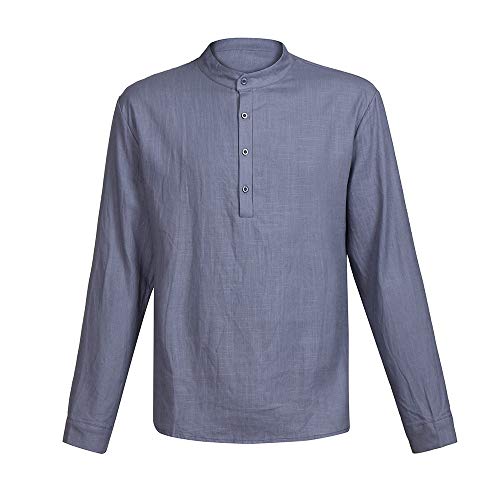 Mens Beach V Neck Blouse Linen Button-Down Shirts Long Sleeve Henleys Blouse White Big and Tall Dress Shirts T Shirts (Gary, XXXL)