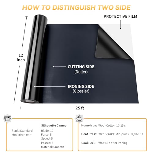 VinylRus Heat Transfer Vinyl-12” x 25ft Black Iron on Vinyl Roll for Shirts, HTV Vinyl for Silhouette Cameo, Easy to Cut & Weed - Image 3