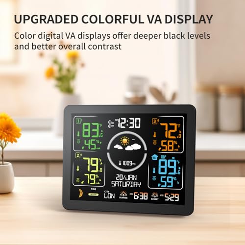 Weather Stations Wireless Indoor Outdoor Thermometer with Multiple Sensors, 7.5" VA Display Weather Forecast Station with Atomic Clock, Temperature, Humidity and Adjustable Backlight for Home
