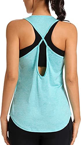 Workout Tops for Women Yoga Shirts Open Back Tank Tops Athletic Tops Gym Workout Clothes Exercise Dance Shirts (Mint Blue L)