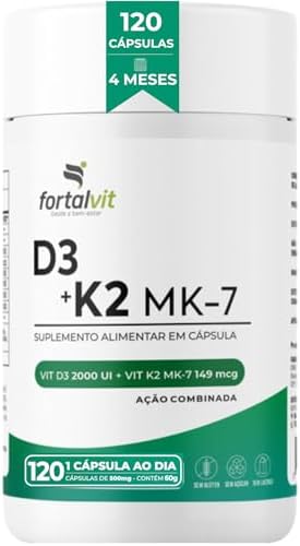 Vitamina D3 + K2 120 Cápsulas 4 Meses de Uso Longa Duração, 2000U...
