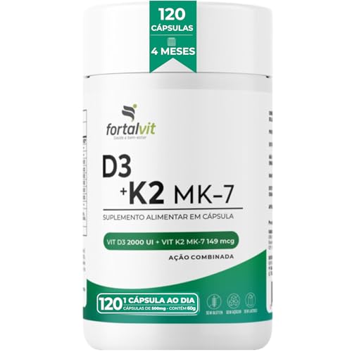 Vitamina D3 + K2 120 Cápsulas 4 Meses de Uso Longa Duração, 2000UI D3 149mcg Vitamina K2 MK-7, Fortalvit