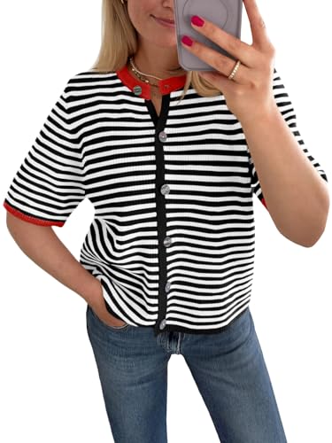 Image of Saodimallsu Womens Short Sleeve Cardigans Striped Button Down Sweater Tops