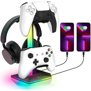 RGB Headset Stand, Gaming Controller Stand with 2 USB Charging Ports,10 Light Modes Headset Holder PC Gaming Accessories, Suitable for All Earphone Accessories, Gift for Boys Men Gamers