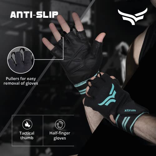 XTRIM X-Macho Leather Gym Gloves for Men & Women with Wrist Support Accessories for Weightlifting, Hand Exercise Gloves with Half-Finger Length for Gym Workout (M, Fits 7.5-8 Inches,Blue-Black) (Image - 3)