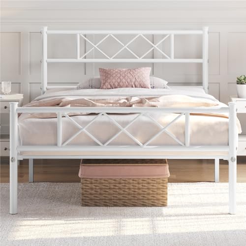 Yaheetech Cadre de Lit 90x200 cm avec Sommier, Lits Simples 1 Place pour Adulte, Lits en Métal 1 Personne Une Place, Lit Moderne en Fer Forgé, 32,5 cm Espace...