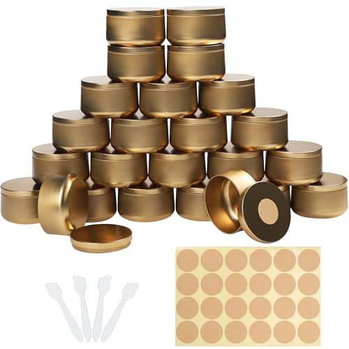 BELLE VOUS Lot de 24 Pot a Bougie Vide Metal Doré avec Stickers et Spatules - Ronde et Petite Boite en Metal de 230 ML - Petite Boite Metallique pour Faire Ses Bougies, Travaux Manuels, Rangement