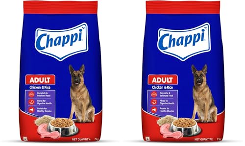 Image of Chappi Adult (1+ Years) Dry Dog Food, Chicken & Rice, 7 kg, Complete and Balanced Food for Adult Dogs (Pack of 2)
