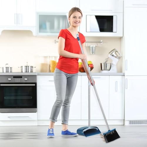 Image of TreeLen Standing Dustpan and Broom Set with 52 Inch Long Extendable Handle for Cleaning Home, Interiors, Kitchens, Office Lobby Floors, Blue