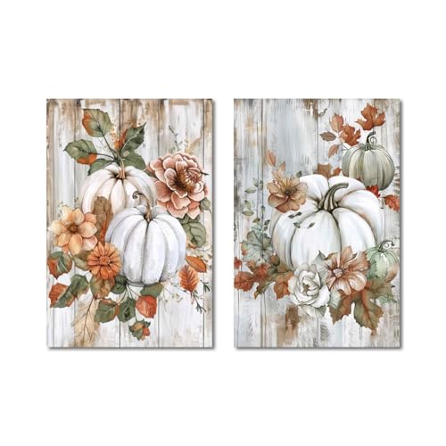 CHAOSETKEN Pumpkin Canvas Wall Art Fall Picture Set of 2