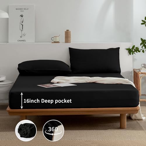 EVERLY Linen Sheets Set King Size,100% French Stonewash Pure Linen Bed Sheets,4Pieces (1Flat Sheet,1Fitted Sheet,2Pillowcase) Suitable for Hot Sleepers,Deep Pocket Natural Bedding Set-Black