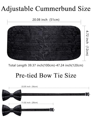 Image of Paisley Floral Tuxedo Cummerbund Bow Tie Pocket Square Set for Men | 3-piece set:cummerbund,bow tie&pocket square.Adjustable back for comfort.Silk blend,wedding,proms,black tie&formal events.
