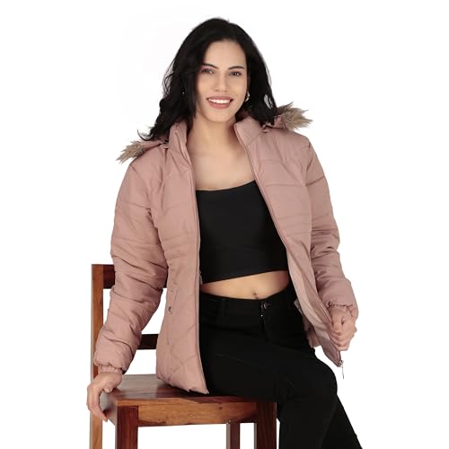 Image of Women's Cozy Puffer Stylish Jacket with Buttoned Pockets and Detachable Fur Hood