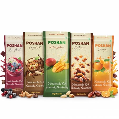 Image of POSHAN Women's Nutrition Protein Bar, 40 g | 8g Protein with 4G Fiber |No Added Sugar, 100% Vegetarian & Gluten-Free| Made with Dates, Ragi and Superfoods|No Trans Fat| Pack of 5