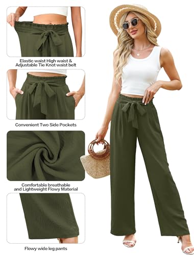 Women's Wide Leg Lounge Pants with Pockets Lightweight High Waisted Adjustable Tie Knot Loose Trousers4
