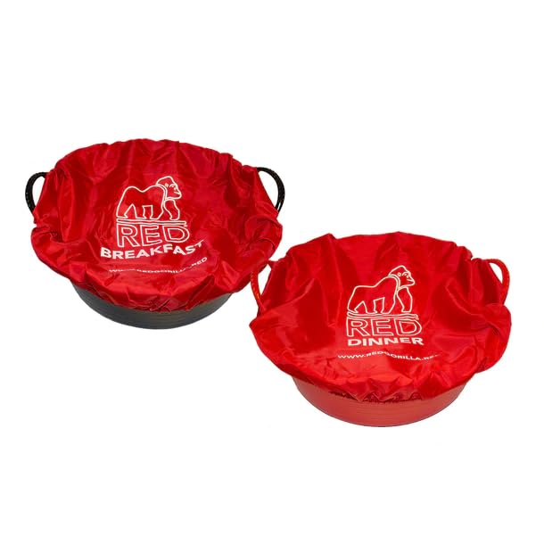 Red Gorilla Fabric Tub Covers Twin Pack Breakfast and Dinner in Red Elasticated Stretch Durable Polyester Ideal for Animal Feed Buckets or Tubs Showerproof Size M-L — image 1