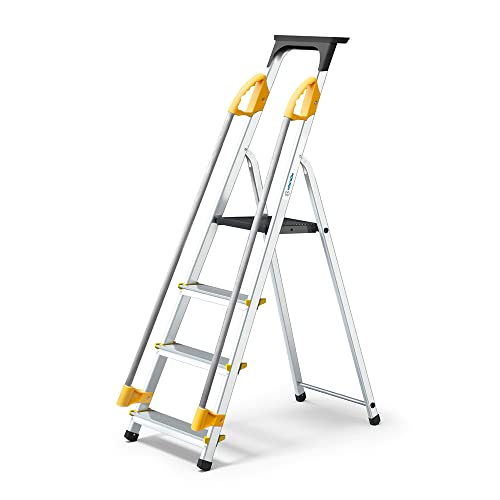 HOSTRÖM Escabeau 4 marches DURAMP sécurisé avec rampes, Tablette Porte-Outils, marchepied Pliable Aluminium, Hauteur Plateforme 75cm, Garantie 5 Ans