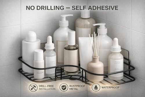 Image of Xmart India Bathroom Organiser Without Drill | Corner Shelf Rack | Self Adhesive Wall Mounted Storage Organizer for Bathroom & Kitchen | Organizer Storage Bathroom Shelve (1, Metal Corner)