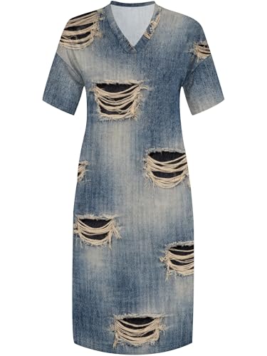 Image of SUZONANA Plus Size Denim Print Maxi Dresses for Women Casual V Neck Short Sleeve with Pockets Soft Jean Look Dress XL-6XL