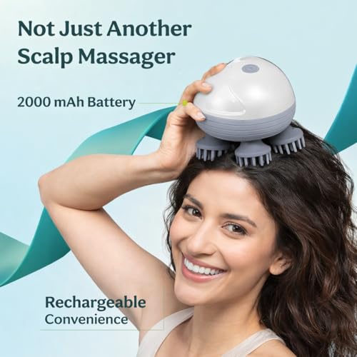 Image of Rechargeable Electric Head Massager | 88 Ultra-Soft Silicone Nodes, 4 Deep-Kneading Rotating Heads, 3 Intensity Settings, Waterproof & Portable