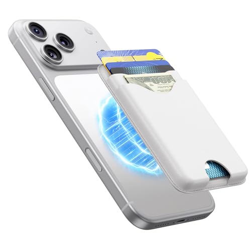 Image of Magnetic Wallet White Vegan Leather Upgraded for MagSafe Wallet, 5 Card-Holder, for iPhone, with Adjustable Stand, for iPhone 16 /15 /14 /13 /12 Series, Not for Mini, Ultra-Slim