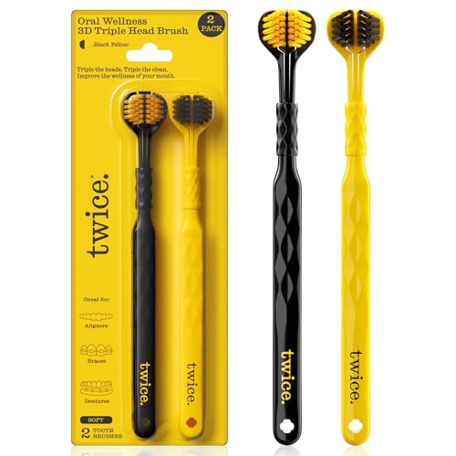 TWICE 3D Triple-Head Toothbrush Soft Bristles for Sensitive Gums with Advanced 3-Sided Design to Effectively Remove Plaque Also Suitable for Braces Aligners & Dentures 2 Count(Pack of 1)