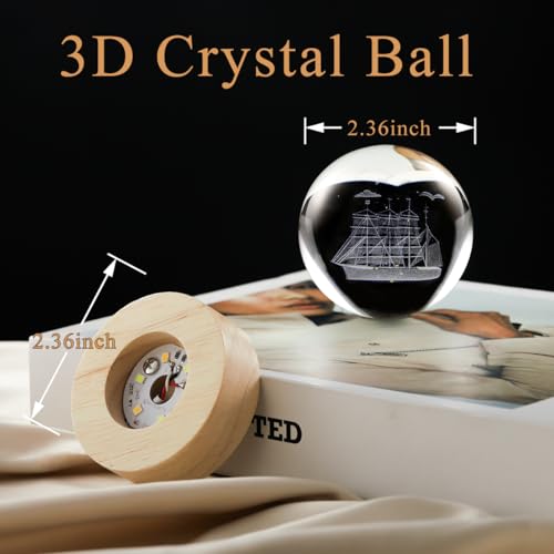 Image of 3D Sailboat Crystal Ball Lamp with Dimmable LED and Wooden Base, Night Light for Kids Teens Adults, Home Desk Office Bedroom Decor, Birthday Gift (2.4 inch / 6cm)