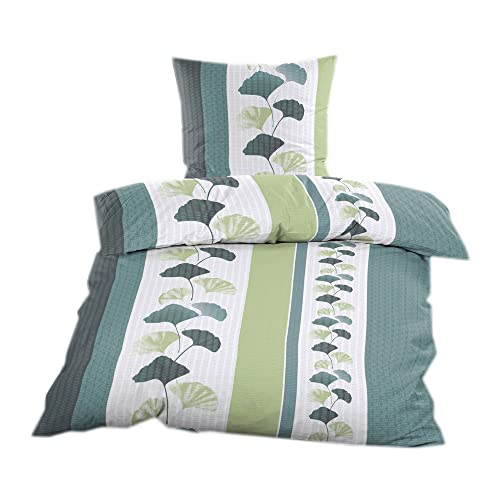 Casa Colori Seersucker Bettwäsche 2 TLG. 135 x 200 mit Reißverschluss Bettgarnitur Sommerbettwäsche Grün Weiß mit Blumenmuster Cover