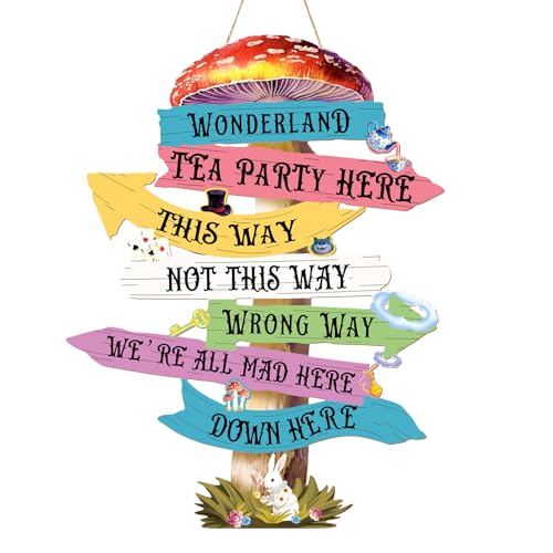 KOYILTD Alice in Wonderland Party Decoration Welcome to Wonderland Directional Arrows Wooden Sign Wonderland Princess Birthday Decorations Vintage Arrow Sign Room Decor (Funny)