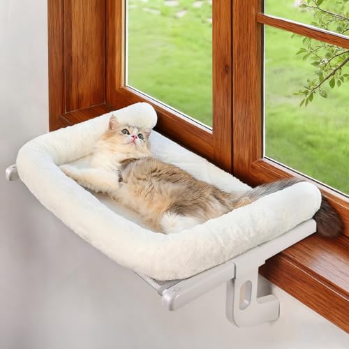 Zoratoo Cat Window Sill Perch with Large Bolster, Easy to Adjust & Assemble Cat Window Seat for Windowsill & Bedside, Pet Hammock Bed for Large Cats and Kittens (White, L)