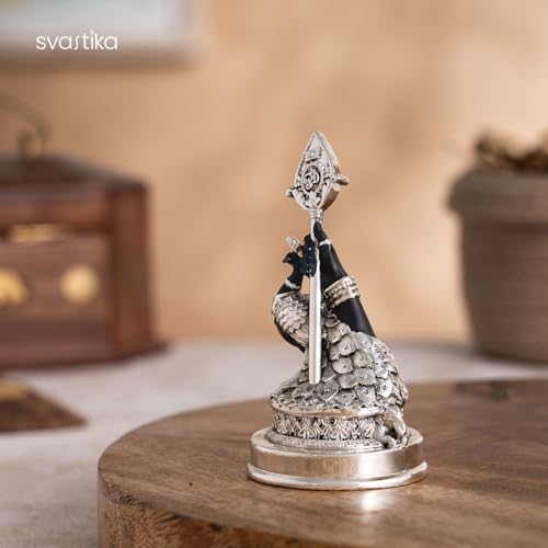 Image of Svastika Vel Mayil Murugan Idol (999 Silver Plated) | Lord Murugan Statue with Peacock | Spiritual Idol for Home Temple, Pooja Room, Car Dashboard & Gift | Decor Murti (3.5 Inch)