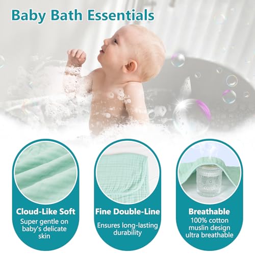 Image of PHF 2 Pack Baby Hooded Towels, 100% Muslin Cotton Baby Bath Towel with Hood for Newborn, Infant, Toddler, Ultra Soft and Absorbent Baby Essentials Bath Towels for Boys Girls, 32x32Inch, Beige & Green