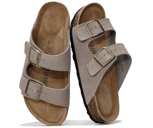 Image of Project Cloud 100% Genuine Leather Flat Sandals For Women 2026 Cork Footbed Womens Sandals with Memory Foam and arch support Vacation Essentials Slides for Women Footwear (Venita)